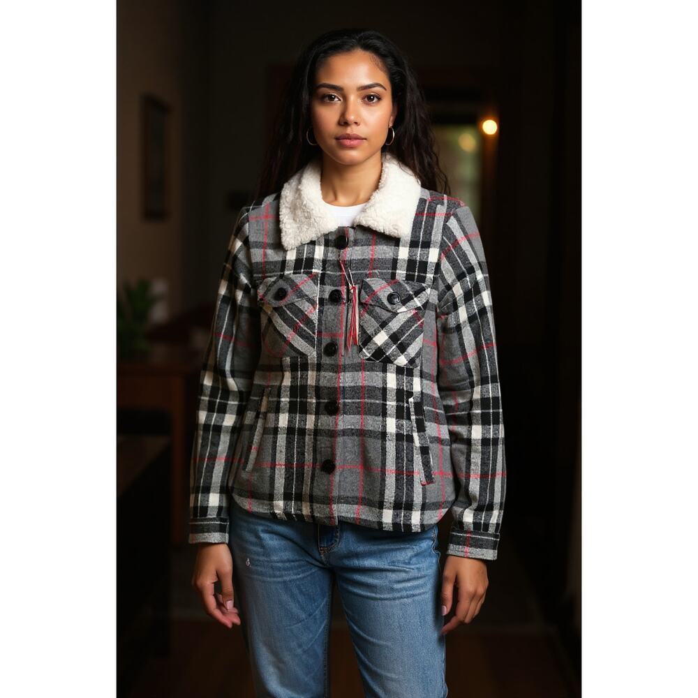 New Special One Premium Boutique Sherpa Plaid Coat Gray Black Soft Thick M - Picture 2 of 16